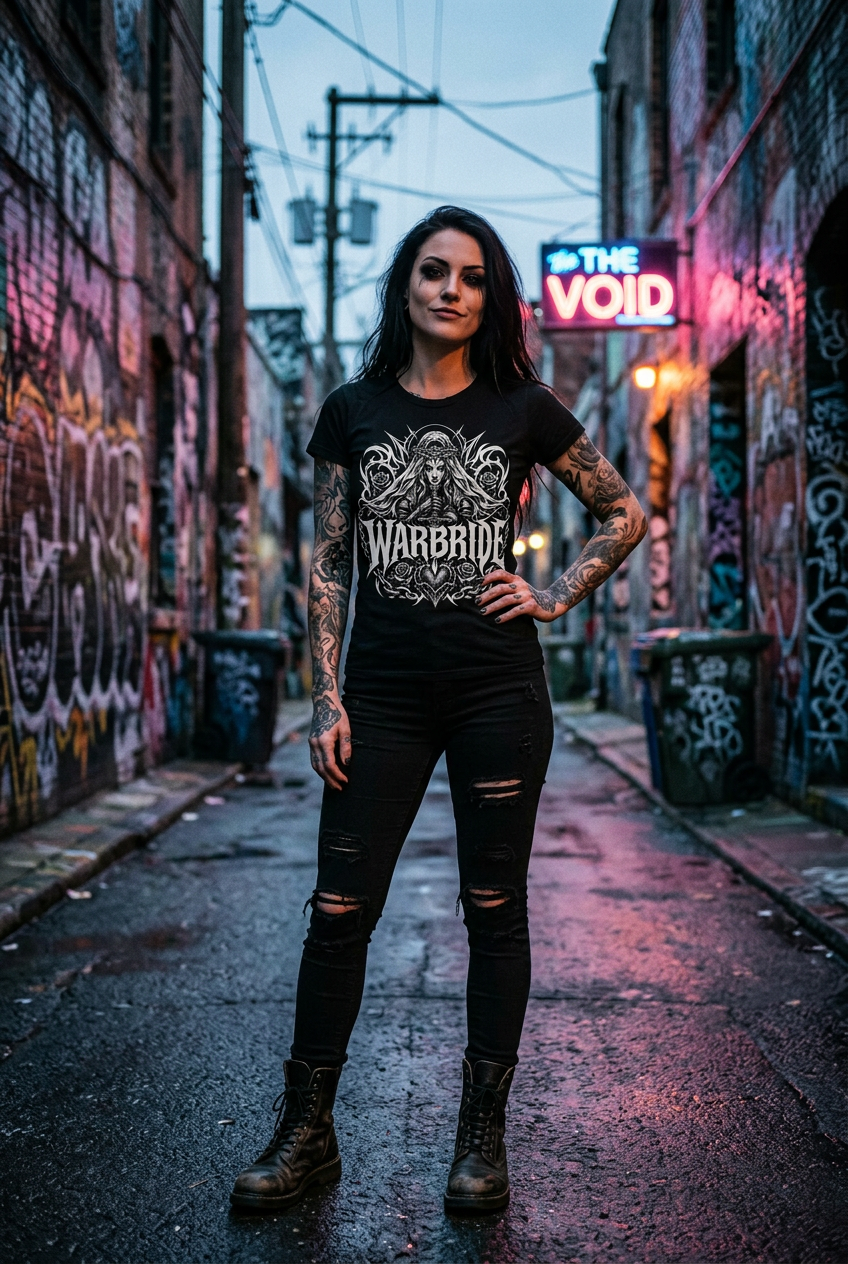 Tattooed woman wearing the Bad Ass Clothes Warbride short sleeve tee in a graffiti alley at dusk
