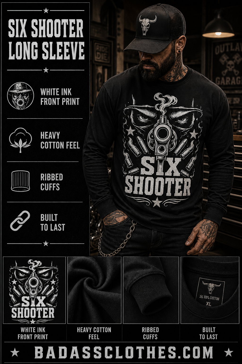 Six Shooter long sleeve product card with biker model
