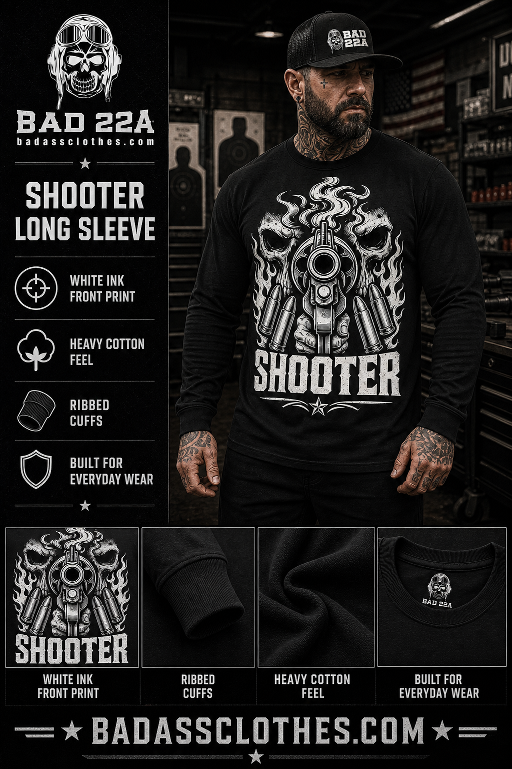 Shooter long sleeve product card with biker model
