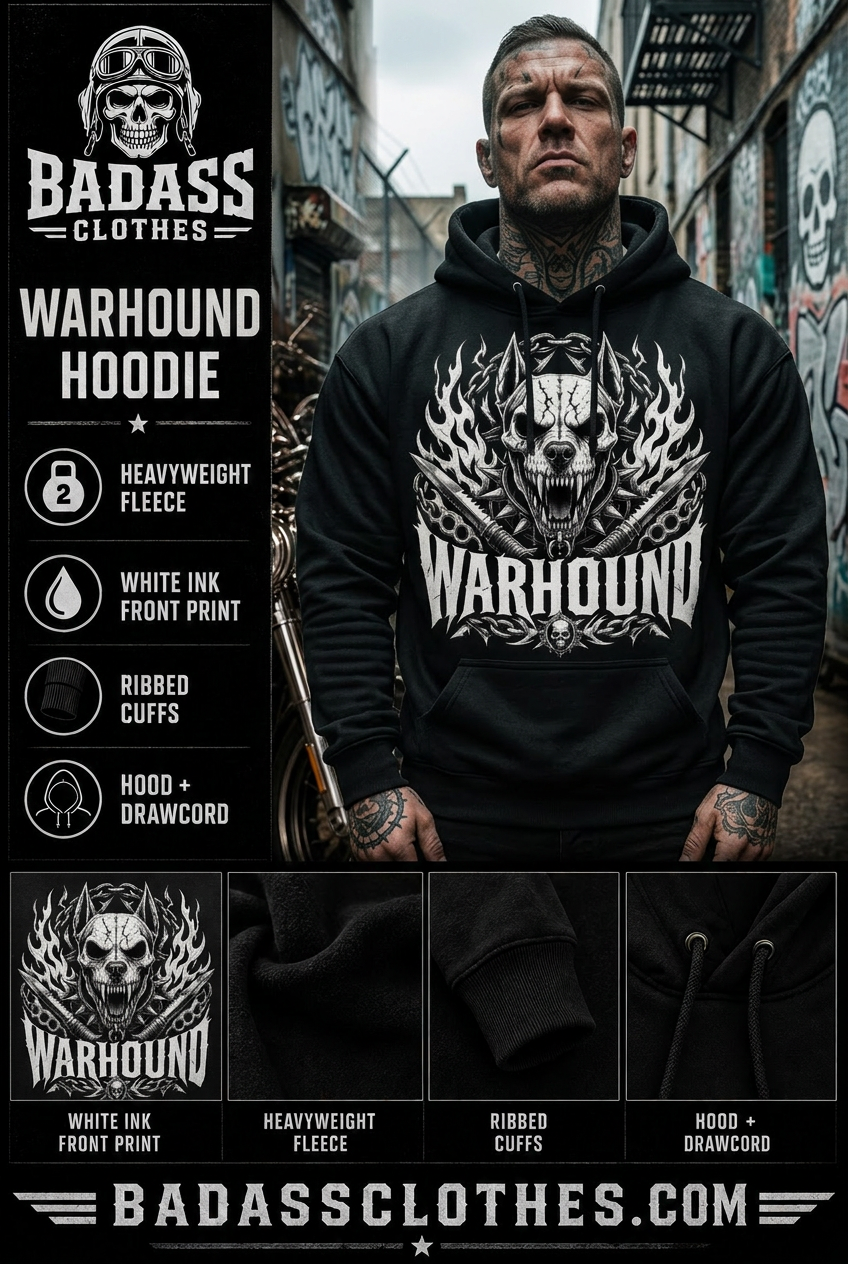 Warhound hoodie product card with tattooed biker model