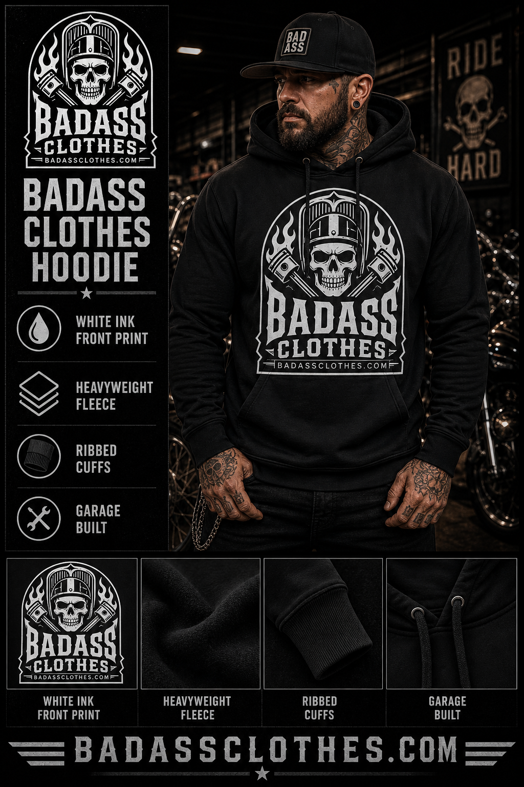Bad Ass Clothes hoodie product card with biker model