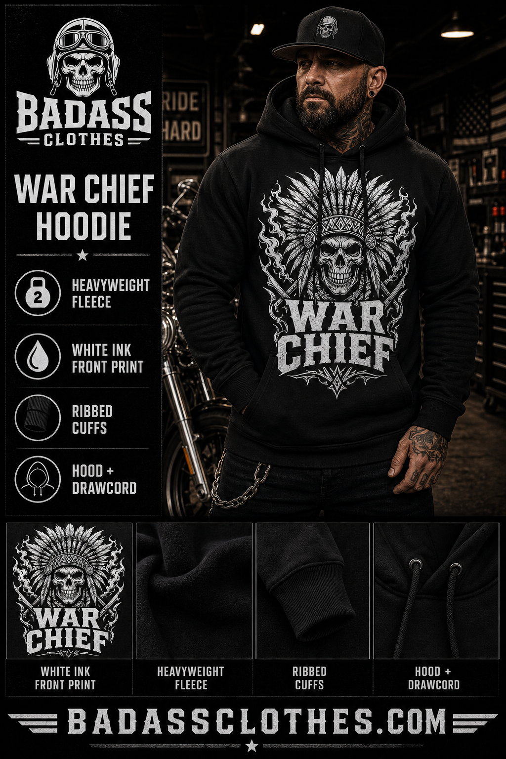War Chief hoodie product card with biker model