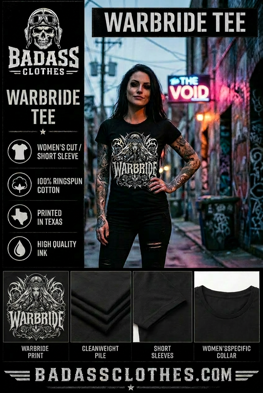 Warbride women's short sleeve tee product card with tattooed model in graffiti alley