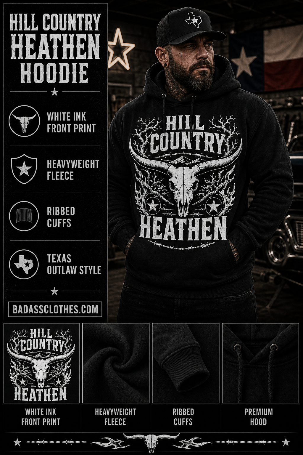 Hill Country Heathen hoodie product card with biker model