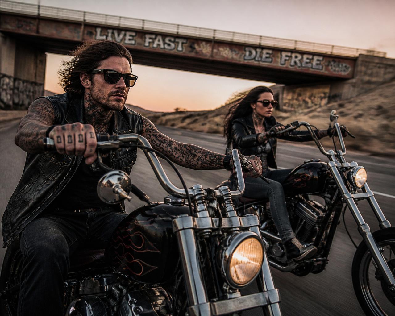 Two tattooed bikers riding choppers under a graffiti overpass at dusk