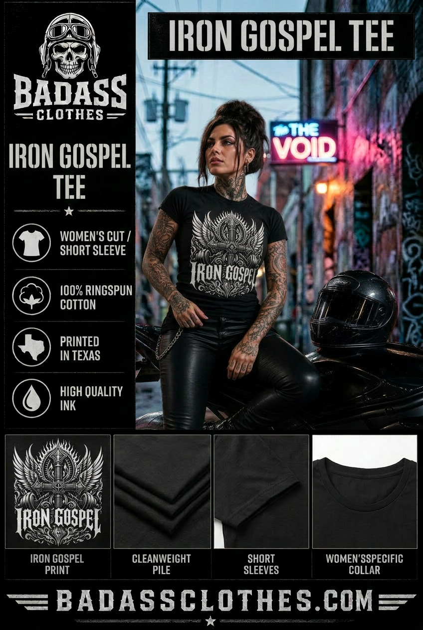 Iron Gospel women's short sleeve tee product card with tattooed model on blacked-out sport bike