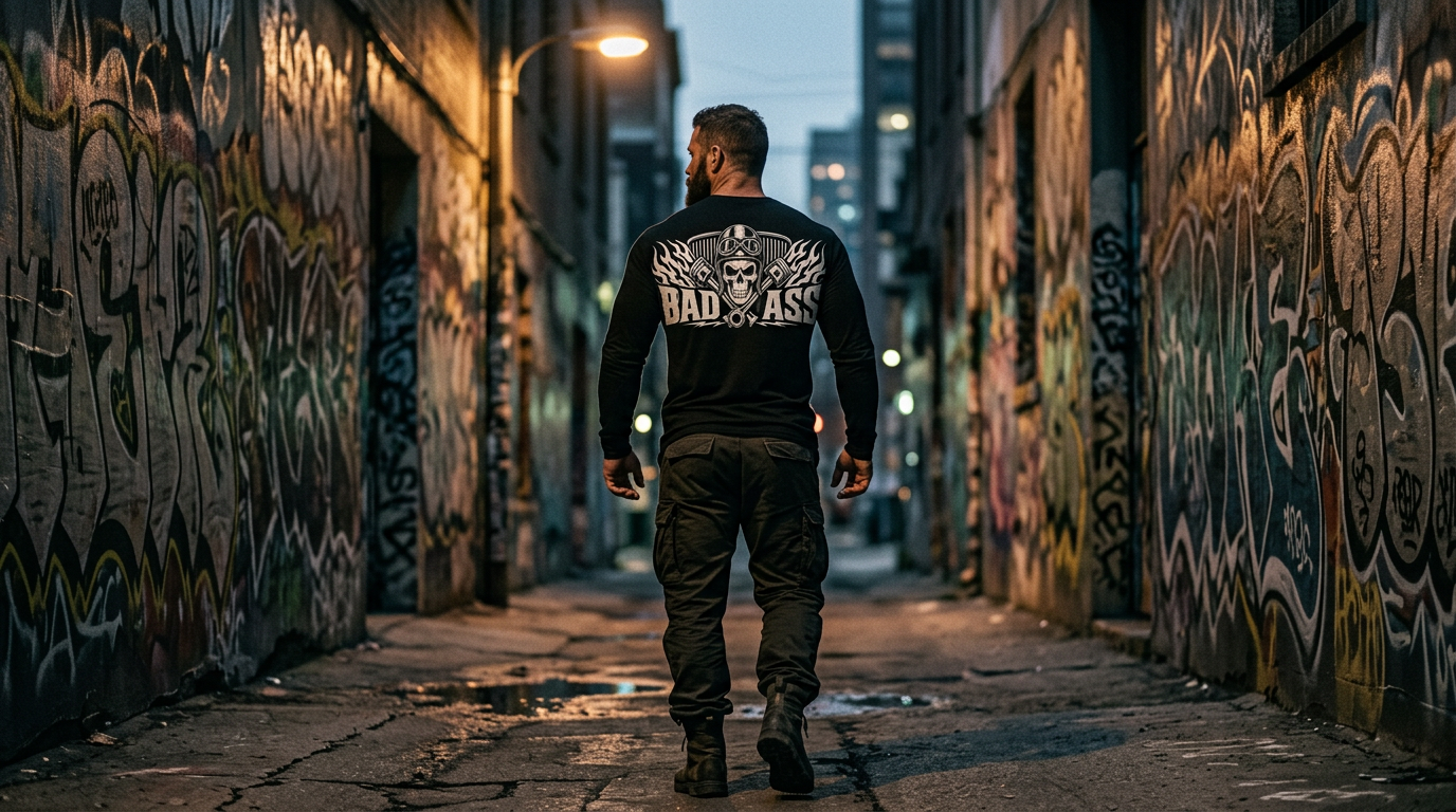 Muscular bearded man walking down a graffiti alley at dusk with the BADASS back print across his long sleeve tee