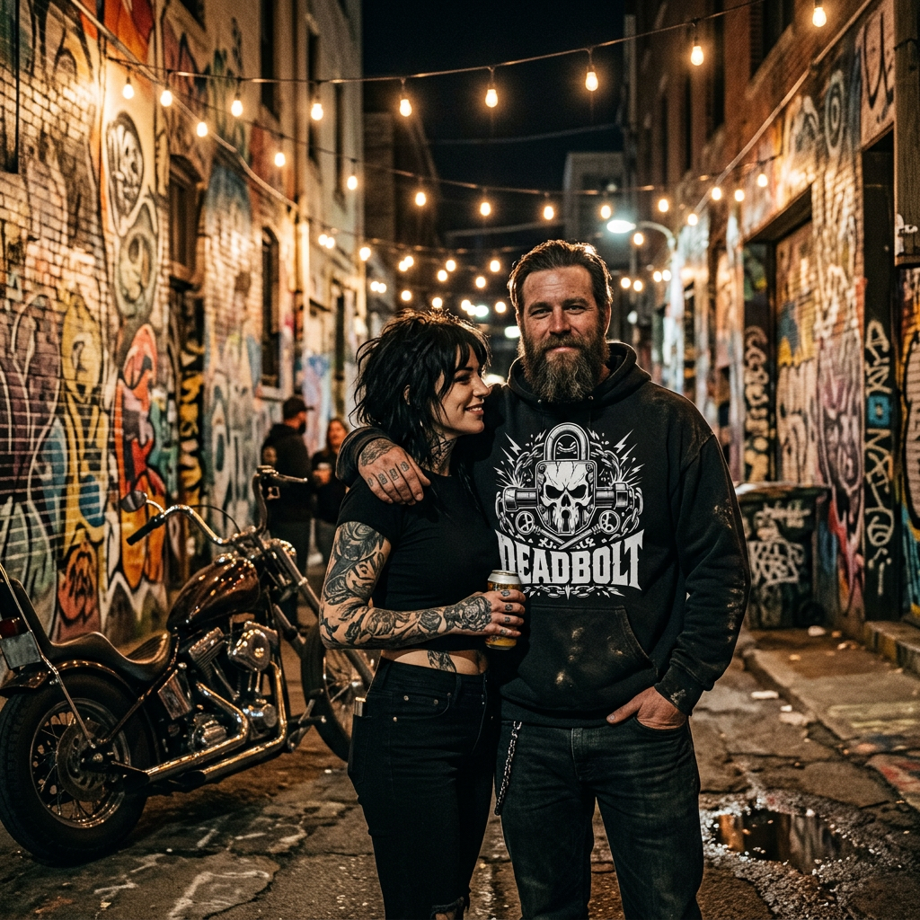 Bearded biker in a Deadbolt hoodie with his girlfriend in a graffiti alley at night