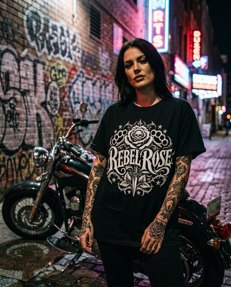 Tattooed woman downtown at night wearing a Rebel Rose tee beside a motorcycle