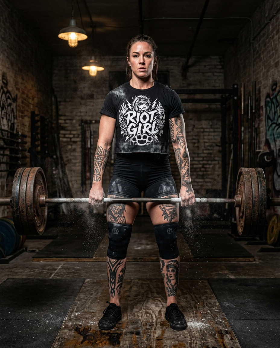 Tattooed woman deadlifting in a gritty gym wearing a Riot Girl cropped tee