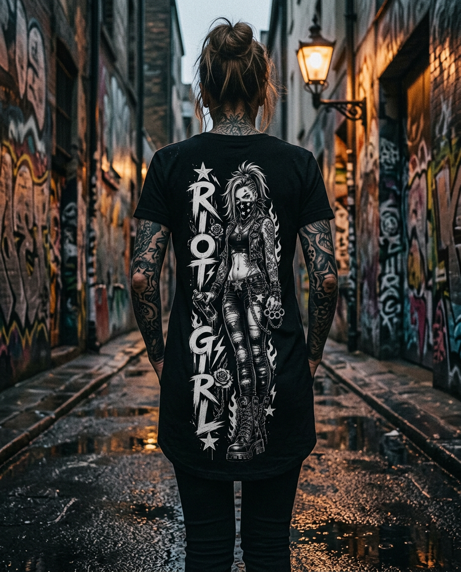 Back view of a tattooed woman in a long tee with a Riot Girl spine print walking through a graffiti alley