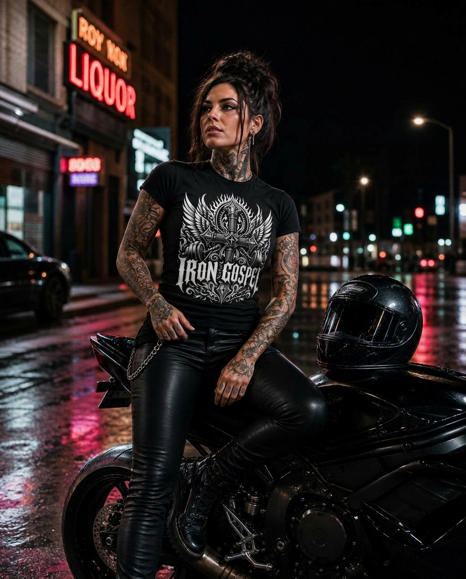 Tattooed woman in a black short sleeve Iron Gospel tee sitting on a blacked-out supersport motorcycle on a wet city street