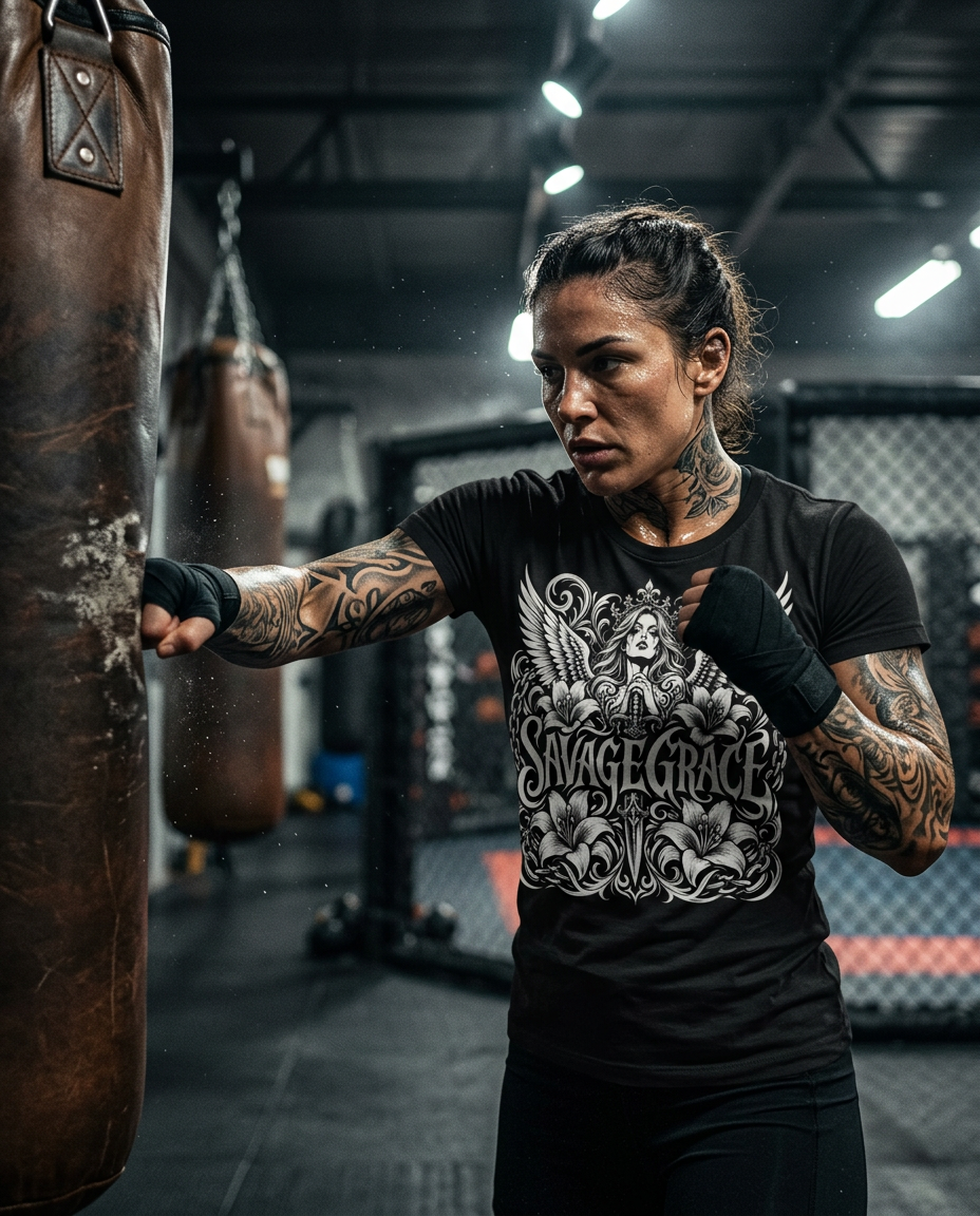 Tattooed woman training on a heavy bag in an MMA gym wearing a Savage Grace tee