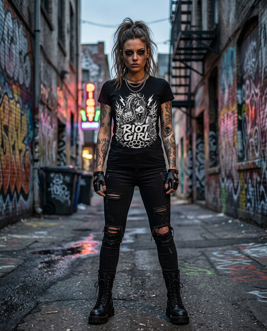 Bad Ass rider in snapback next to her motorcycle